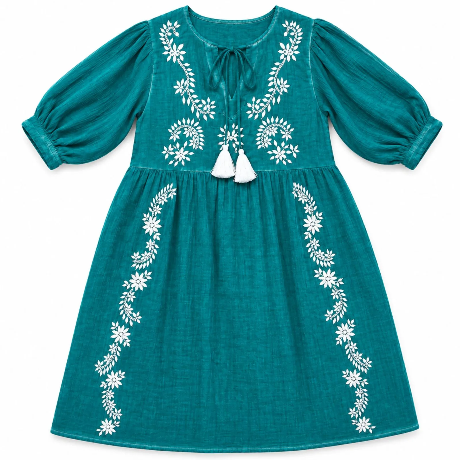 (L-XL) Nomad Sari v kolekci On the Med - šaty - tyrkysová s výšivkou a třásněmi