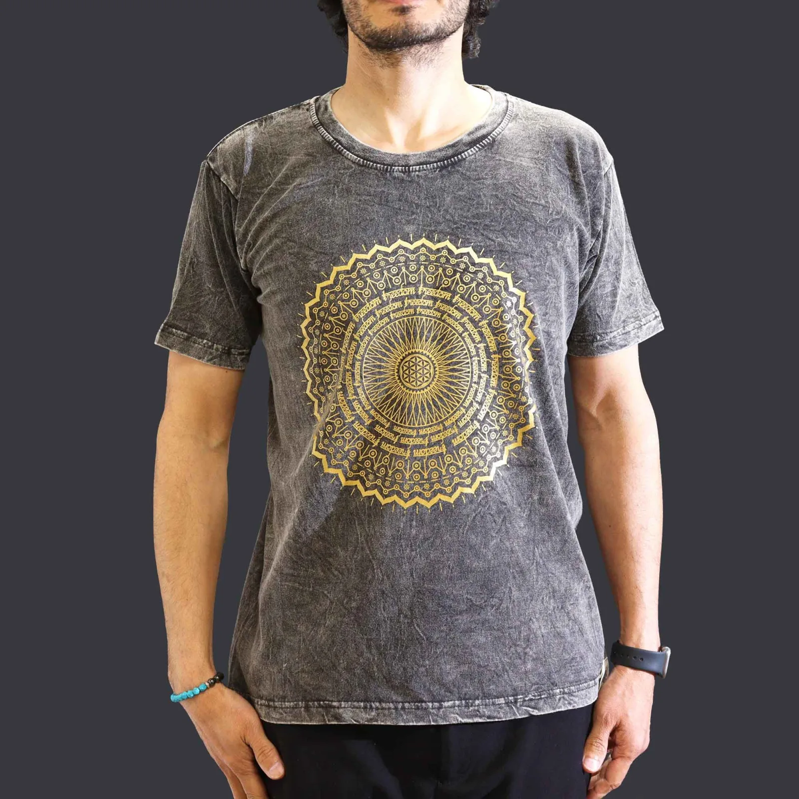 Střední Stone Washed Tričko - Mandala - Tmavě Šedé