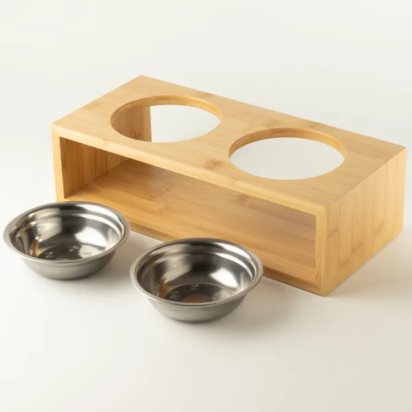 PAW Misky na krmivo - Velké dvojité nerezové misky ve dřevěném stojanu - 2×13 cm