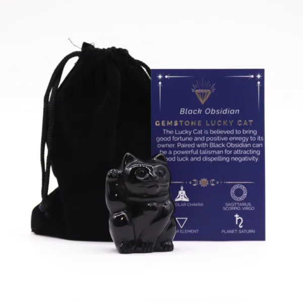 Šťastná Kočka z Drahých Kamenů - Černý Obsidián 50x35x25mm