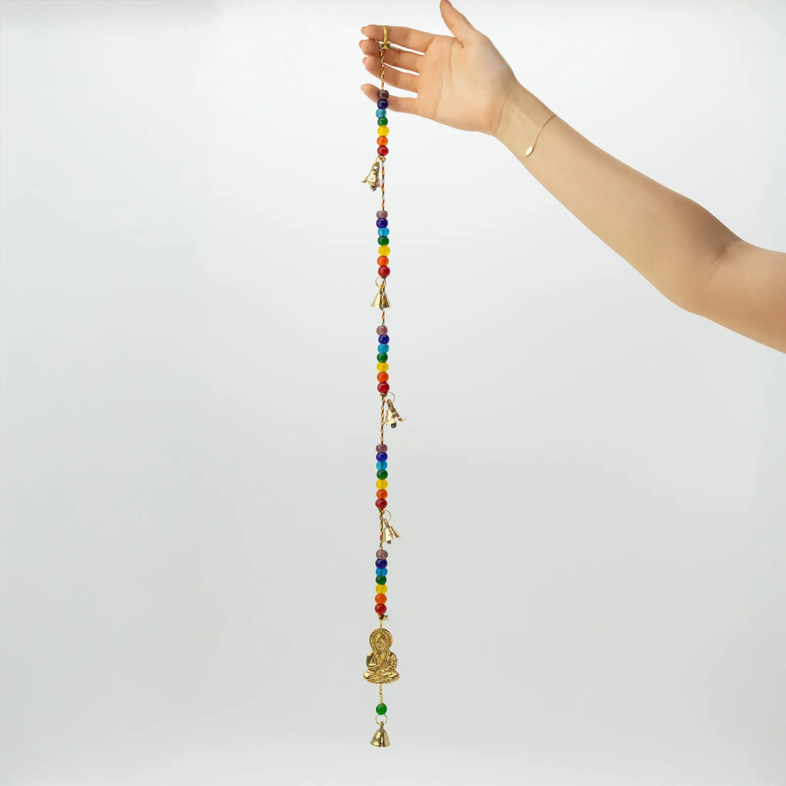 Indické Zvonkohry - Mosazní Buddha s Chakra Korálky a Zvonky - 53cm