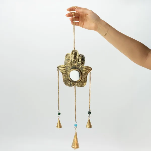 Indické Zvonkohry - Hamsa Malé Zrcadlo se Zvonky - 14x55cm