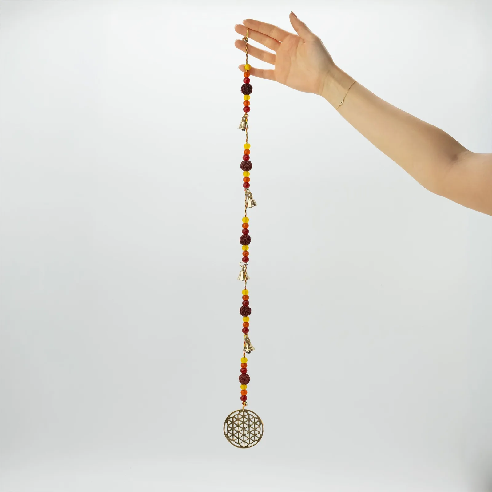 Indické Zvonkohry - Mosazní Květ Života s Rudraksha Korálky a Zvonky - 6x63cm