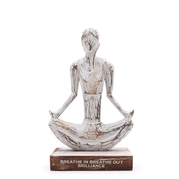 Dřevěná Yoga Lady Figurka - Bílá Vymývaná -Lehká Pozice - "Breathe in Breathe out Brilliance"