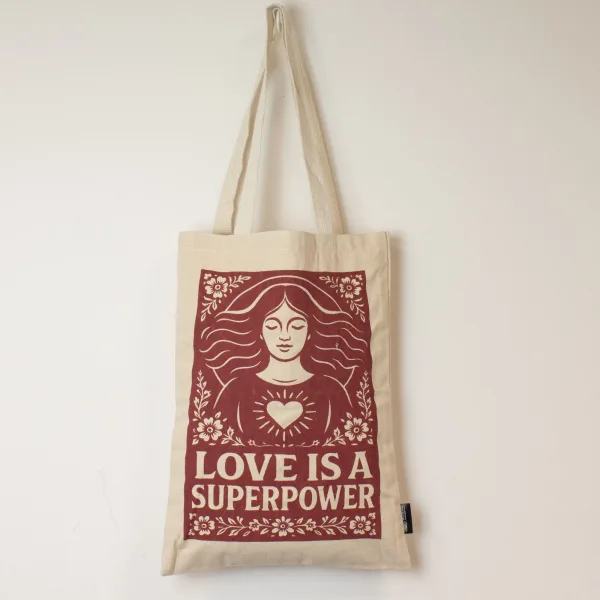 Ikonická Toni taška typu tote - Láska je super síla (42×30 cm) - Přírodní 10 oz