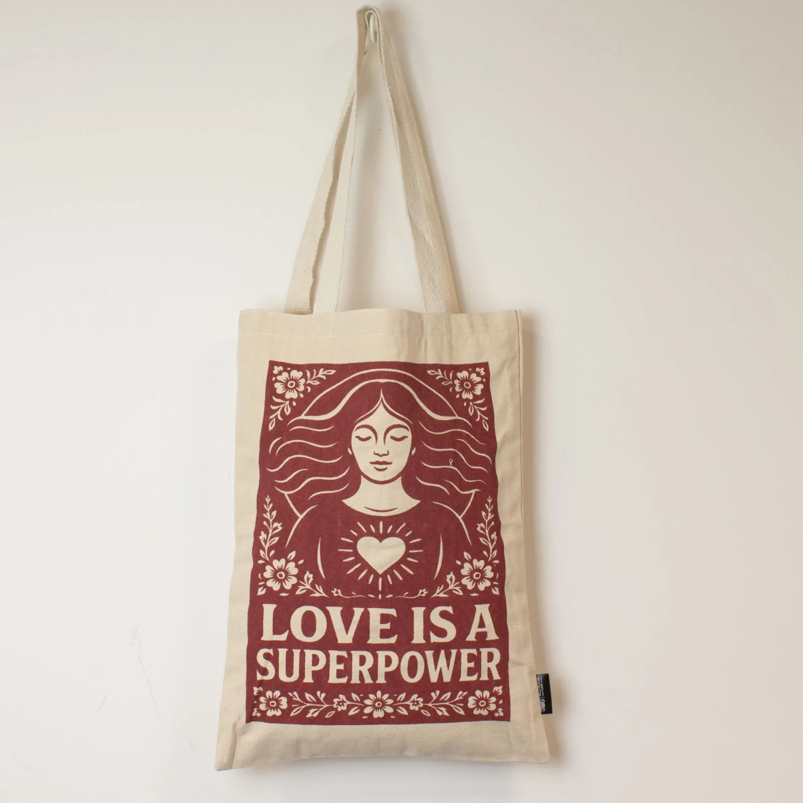 Ikonická Toni taška typu tote - Láska je super síla (42×30 cm) - Přírodní 10 oz