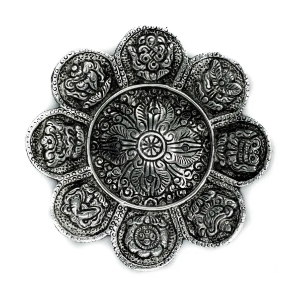 Stojan na Vonné Tyčinky z Leštěného Hliníku - Tibetské Symboly - 12cm