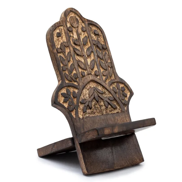 Dřevěný Vyřezávaný Stojan na Telefon - Hamsa 20x9.5cm