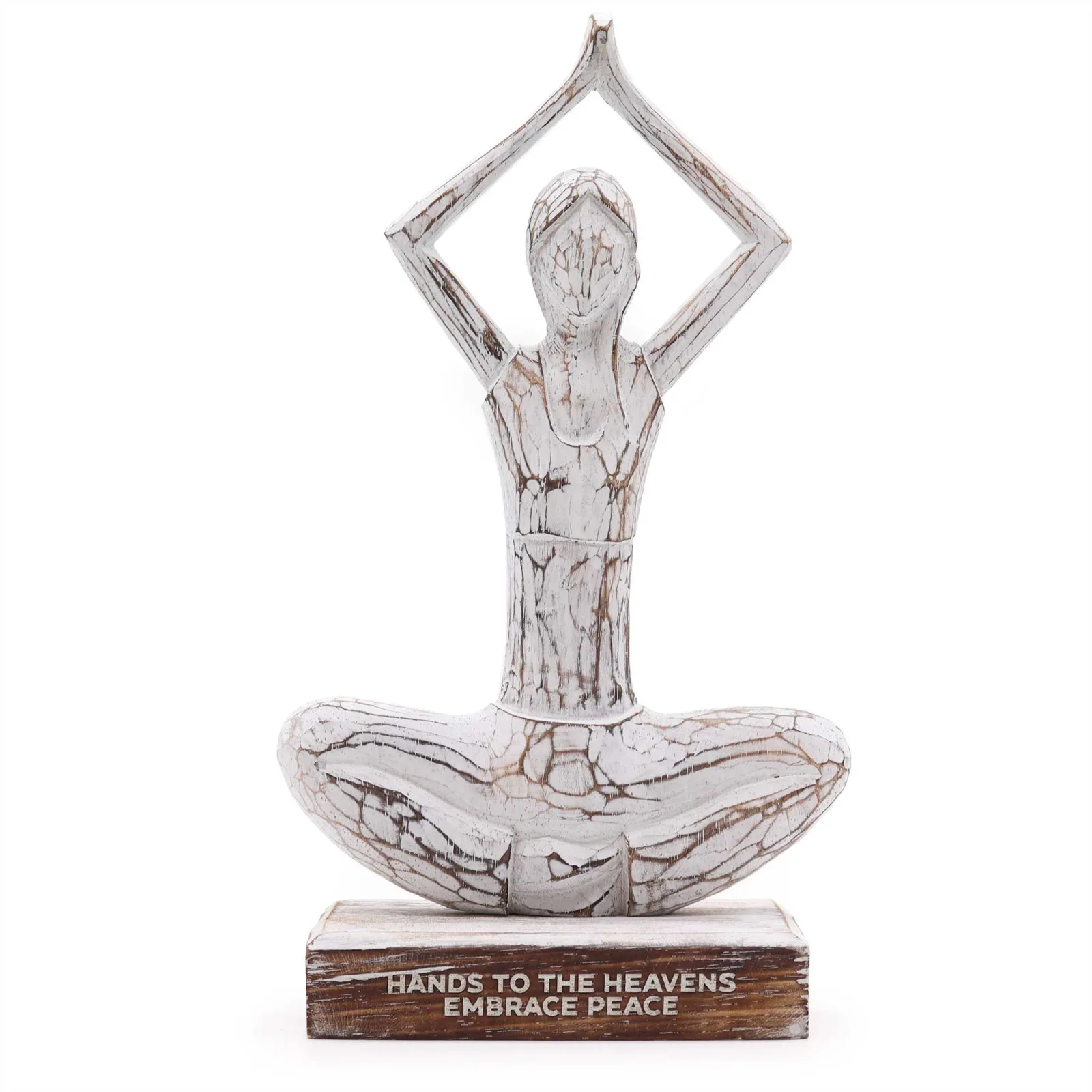 Dřevěná Yoga Lady Figurka - Bílá Vymývaná - Pozice Ruce Nahoru - "Hands to the Heavens Embrace Peace"