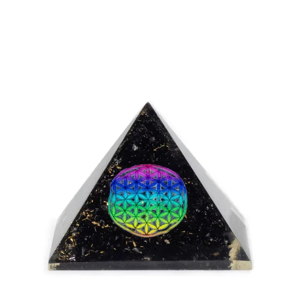 Malá Orgonitová Pyramida 5.5x4.5cm - Květ Života - Kousky Černého Turmalínu