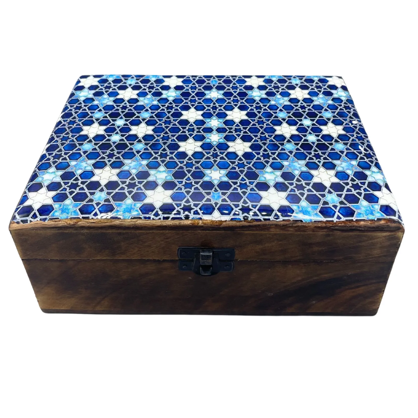 Velká Dřevěná Krabička s Keramickou Glazurou - 20x15x7.5cm - Modré Hvězdy
