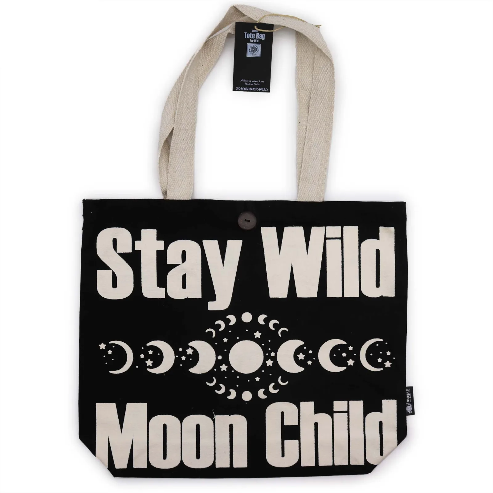 Ikonická Klasická Taška - Stay Wild, Mood Child - Černá Přírodní 10oz (36x43x10cm)