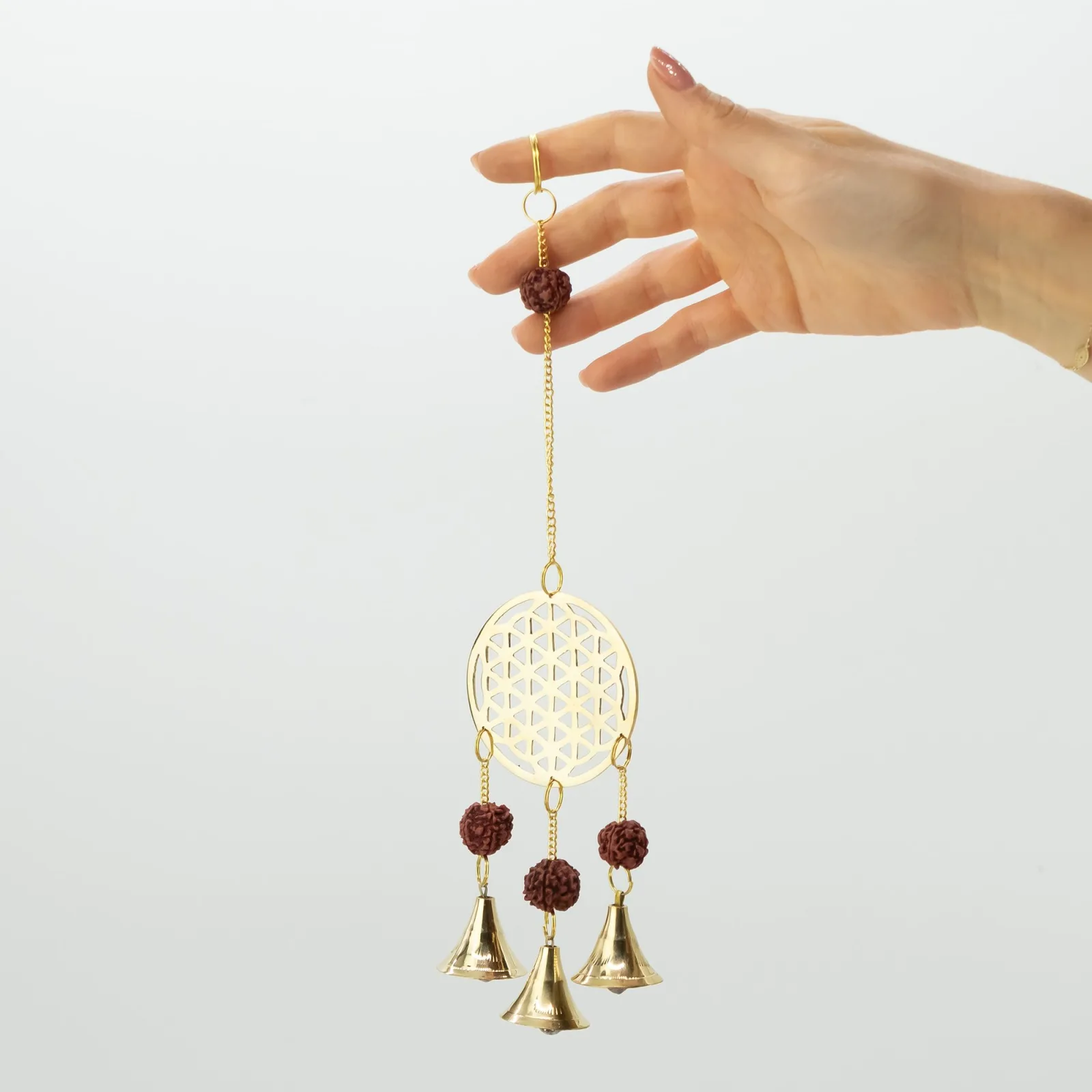 Indické Zvonkohry - Mosazní Květ Života s Rudraksha Korálky - 3 Zvonky - 6x27cm