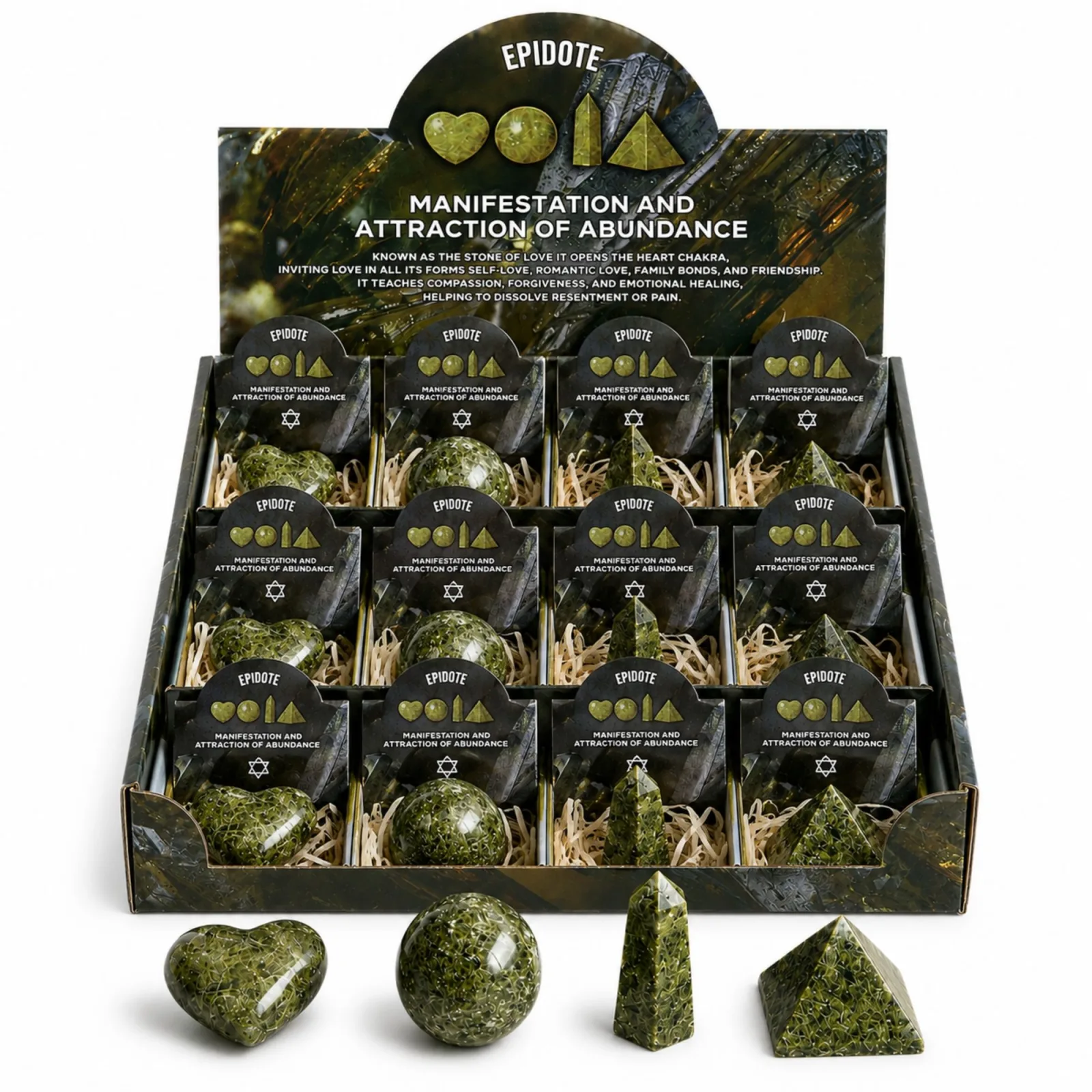 Připraveno k maloobchodnímu prodeji - různé tvary drahokamů - epidot