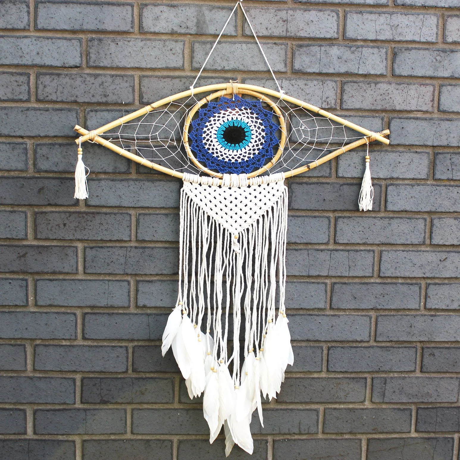 Ochranný Lapač Snů - Velký - Macramé Oko - Modrá / Bílá / Černá